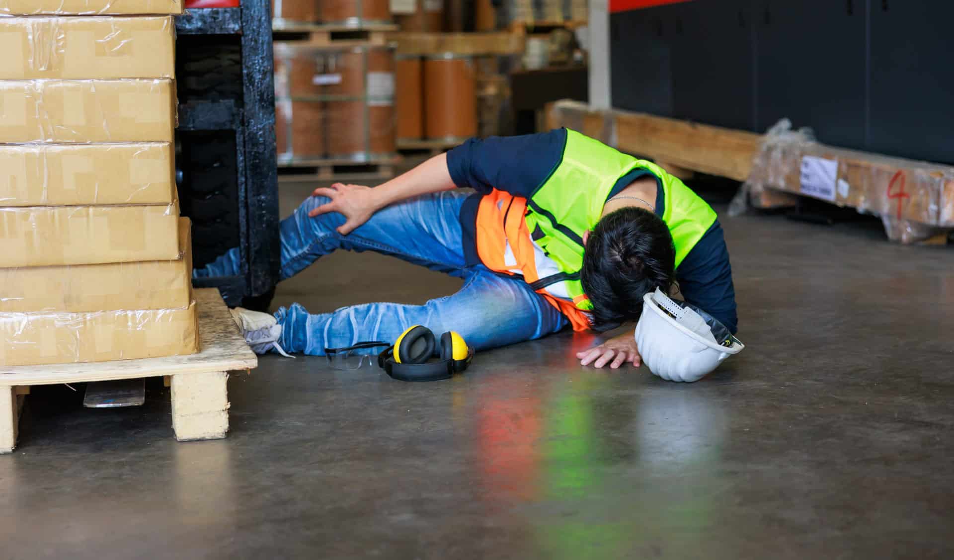 Warehouse man worker lying down on floor after accident in warehouse factory