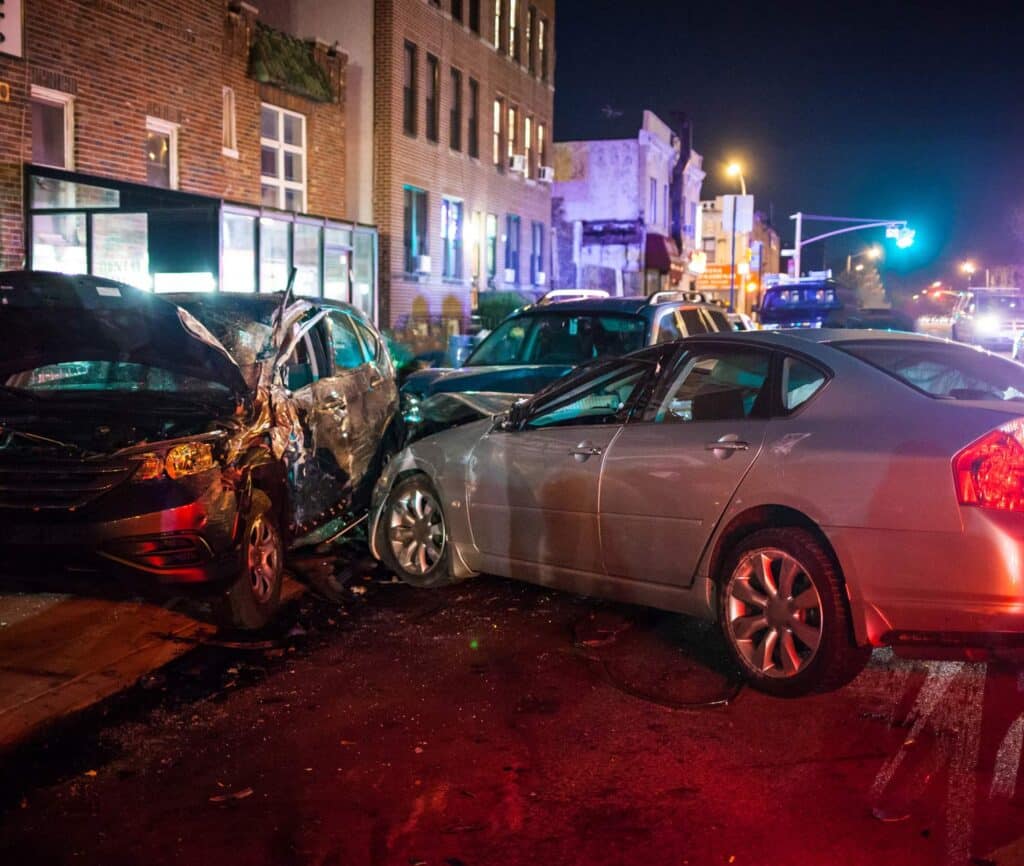 Multiple car crash night city emergency severe damage