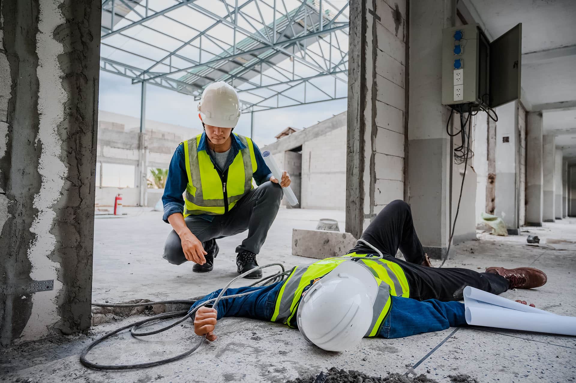 Accident at work, an asian engineer or electrician is electrocuted to the ground.