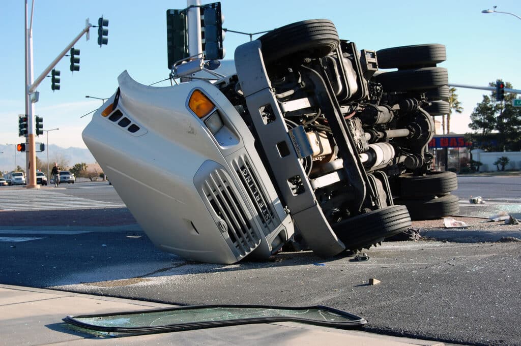 Overturned truck from a truck accident