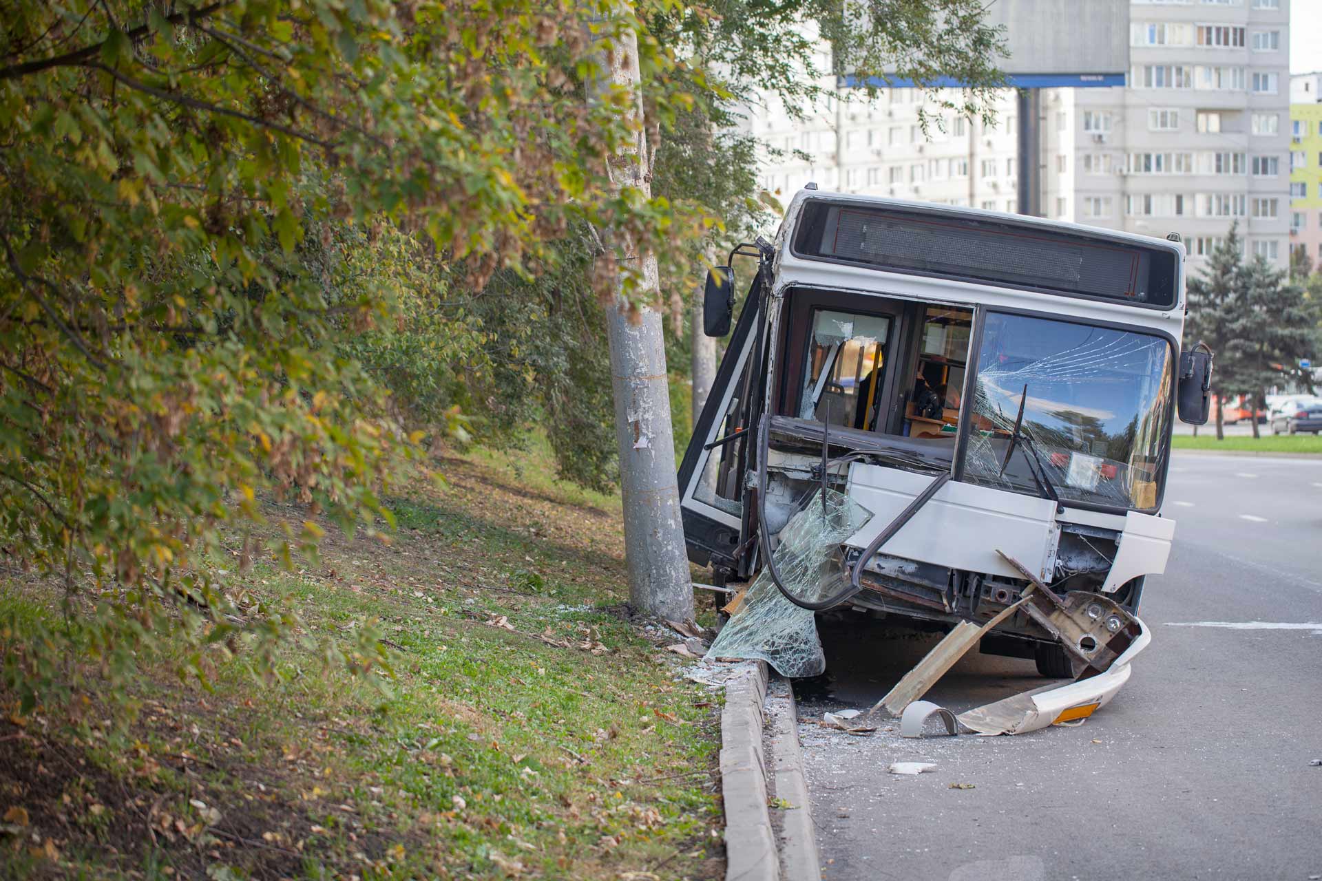 Road accident, accident with a passenger city bus, the bus crashed into a pole
