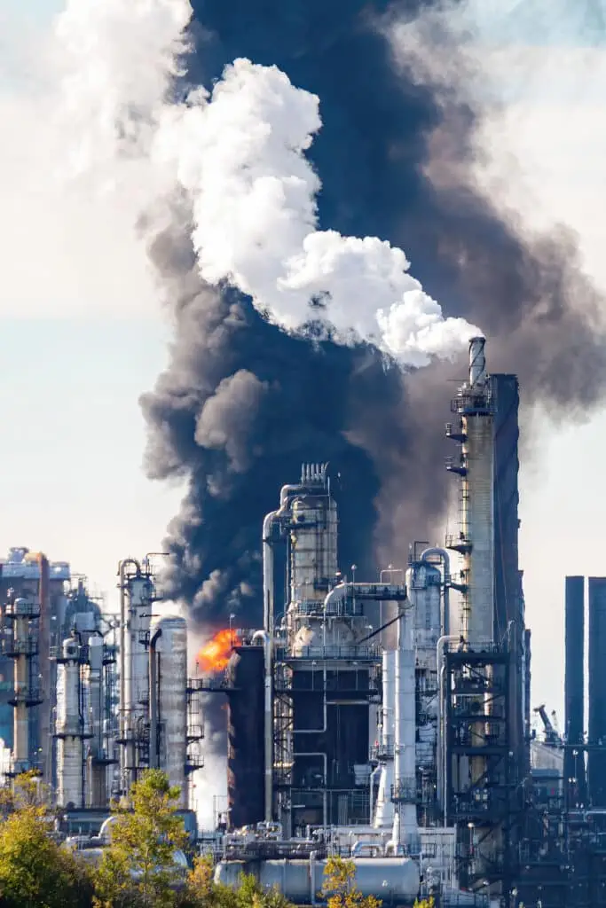 Fire and black smoke at an oil refinery after an explosion