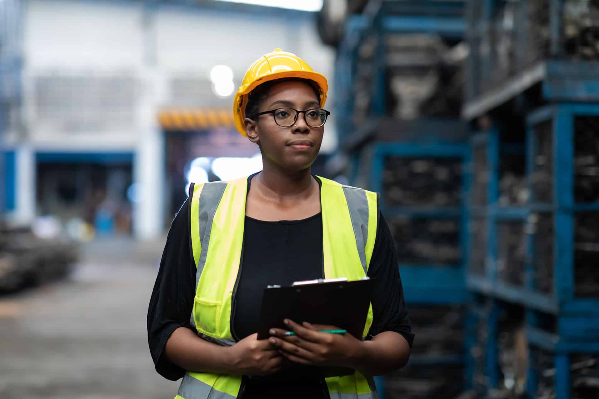 Plus size black female worker wearing safety hard hat helmet inspecting old car parts stock while working in automobile large warehouse