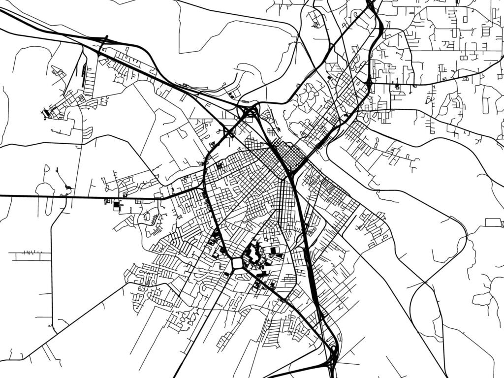 City map of alexandria louisiana in the united stated of america with black roads isolated on a white background.
