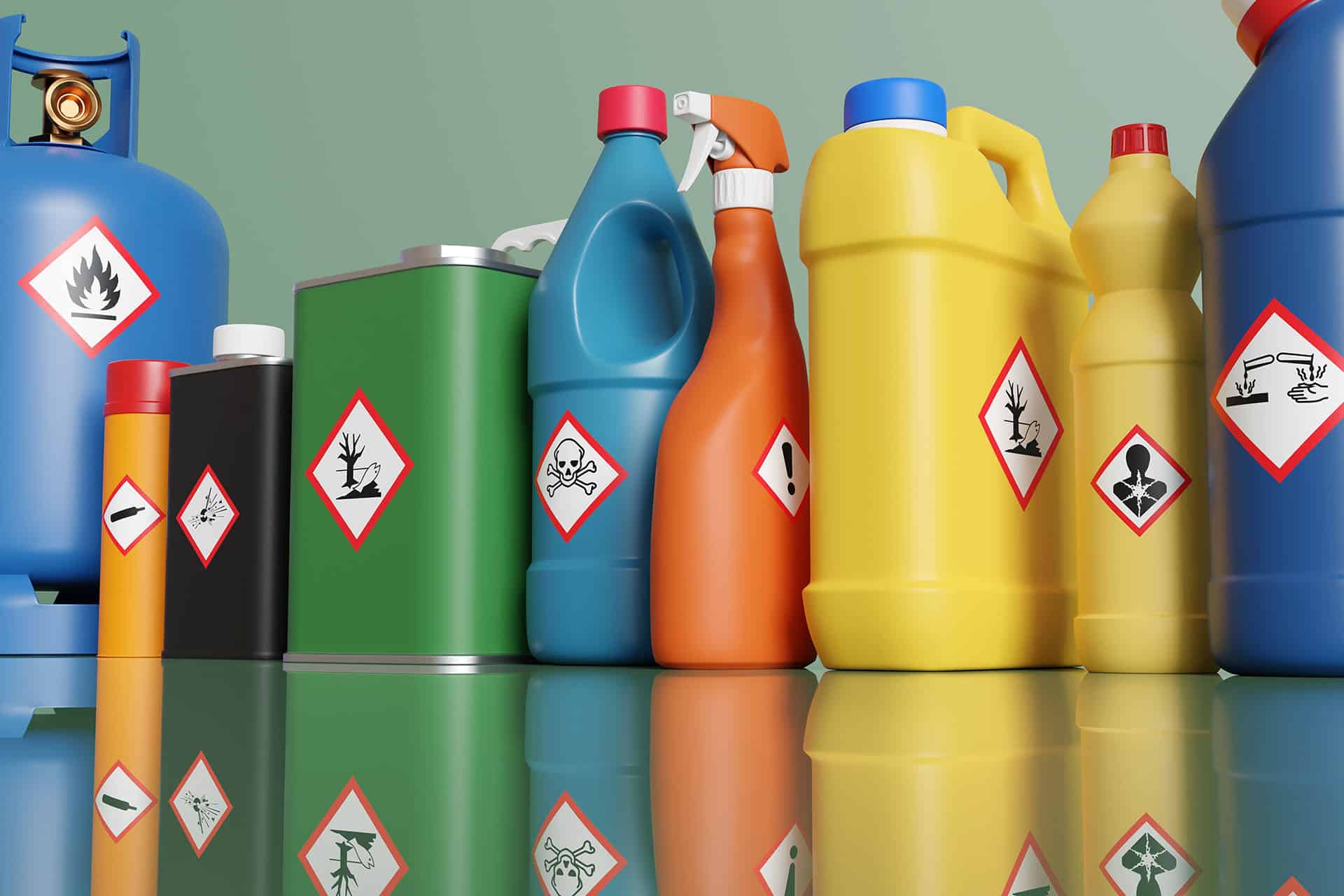 Plastic bottles and metallic tins having with different hazardous warning labels.