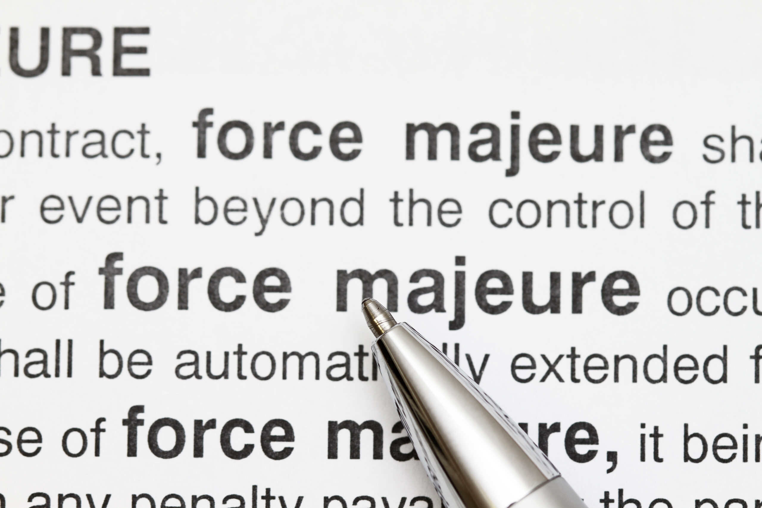 a dictionary style entry describing the legal term force majeure