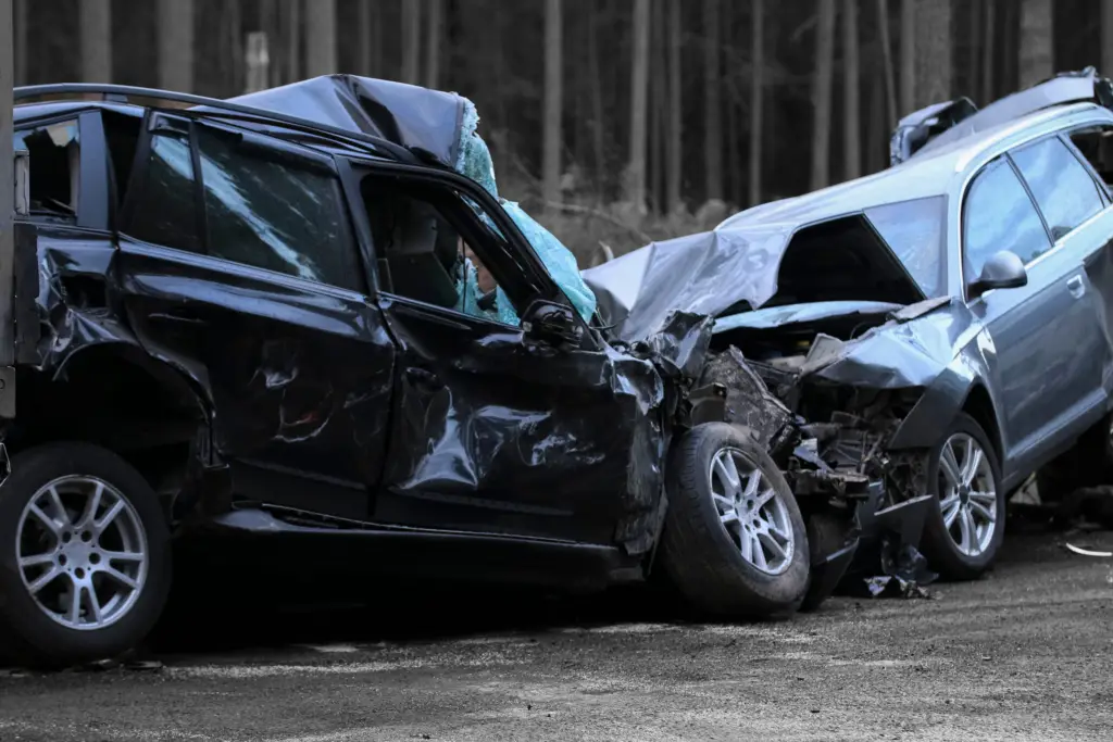 Traffic accident resulting in a crushed cars