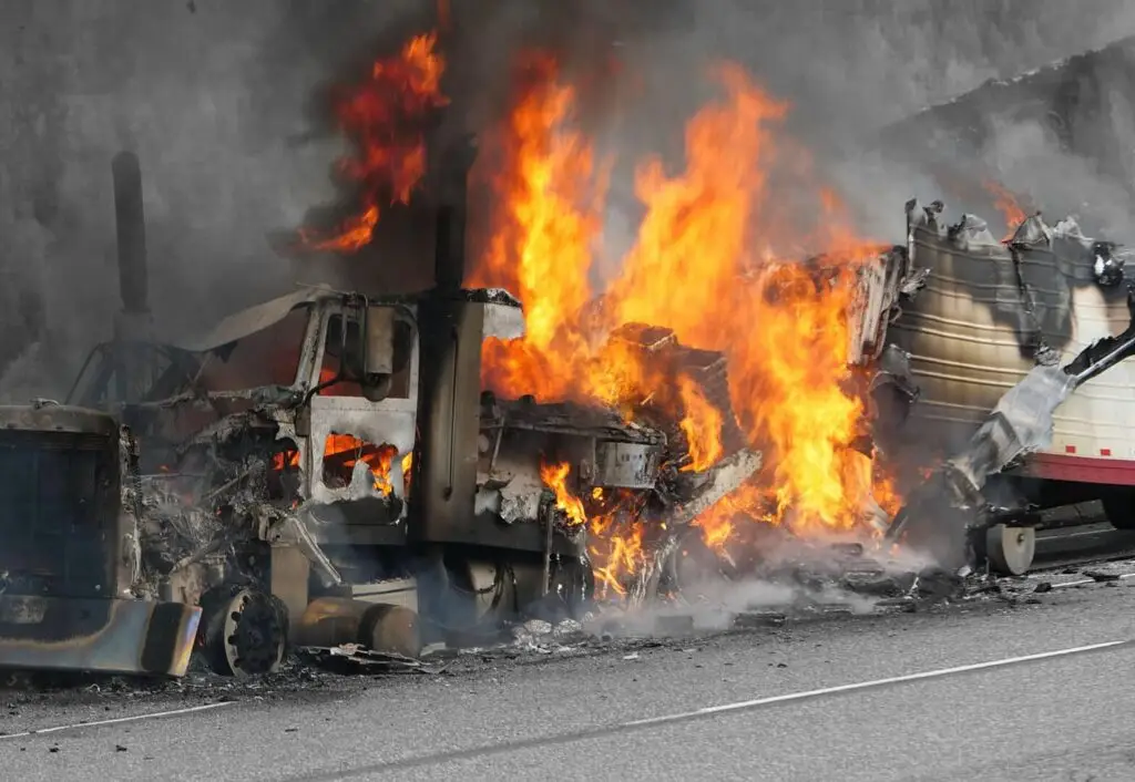 A semi truck burns out of control on the highway