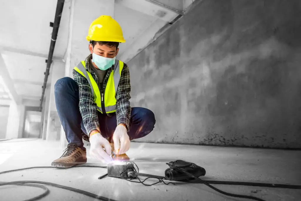 Construction workers carelessly connect wires causing unconscious electric shocks.