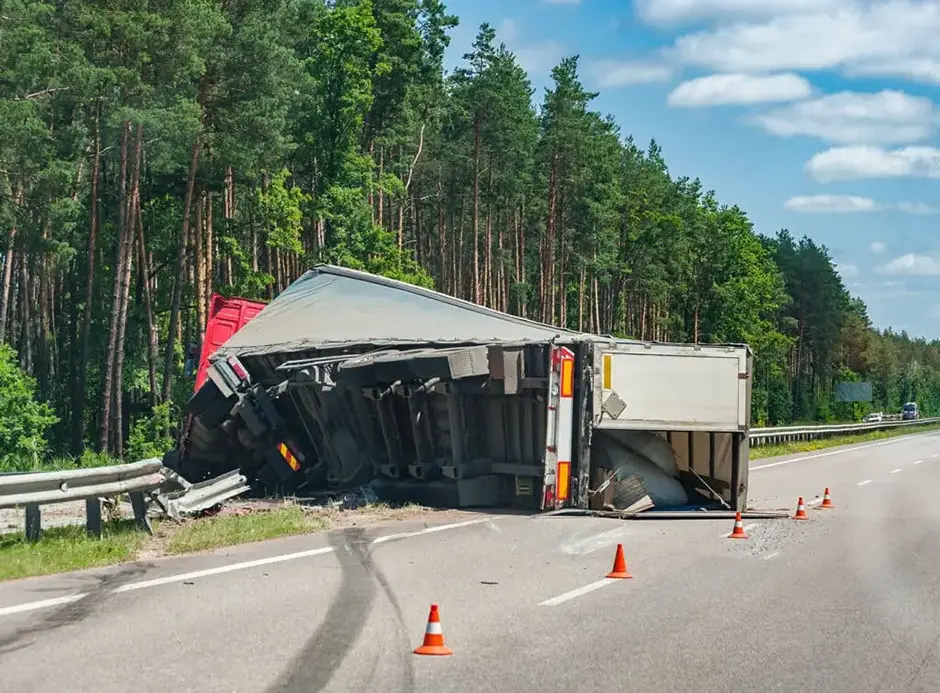 Rollover truck on road, car crush