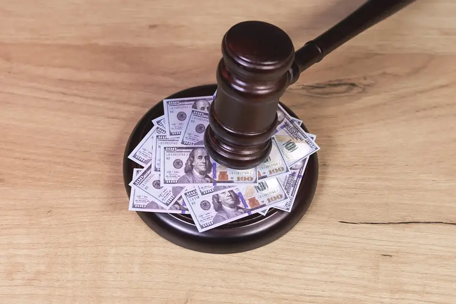 Judge hammer on a 100 dollar bills